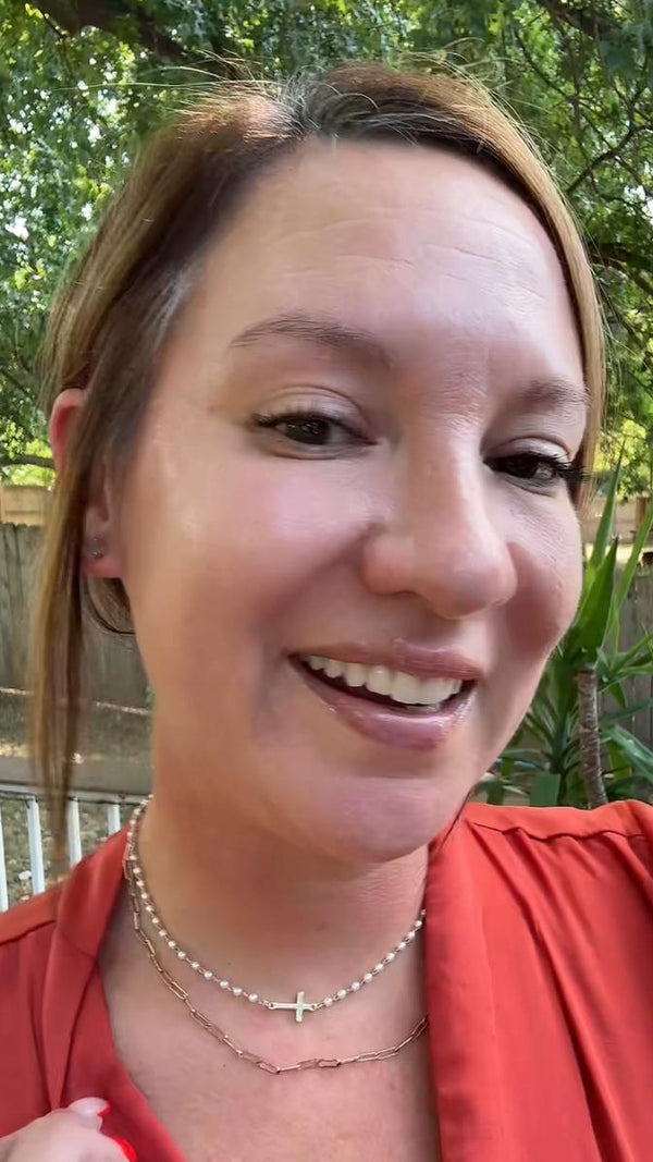 Customer wearing the Cross & Pearls Necklace