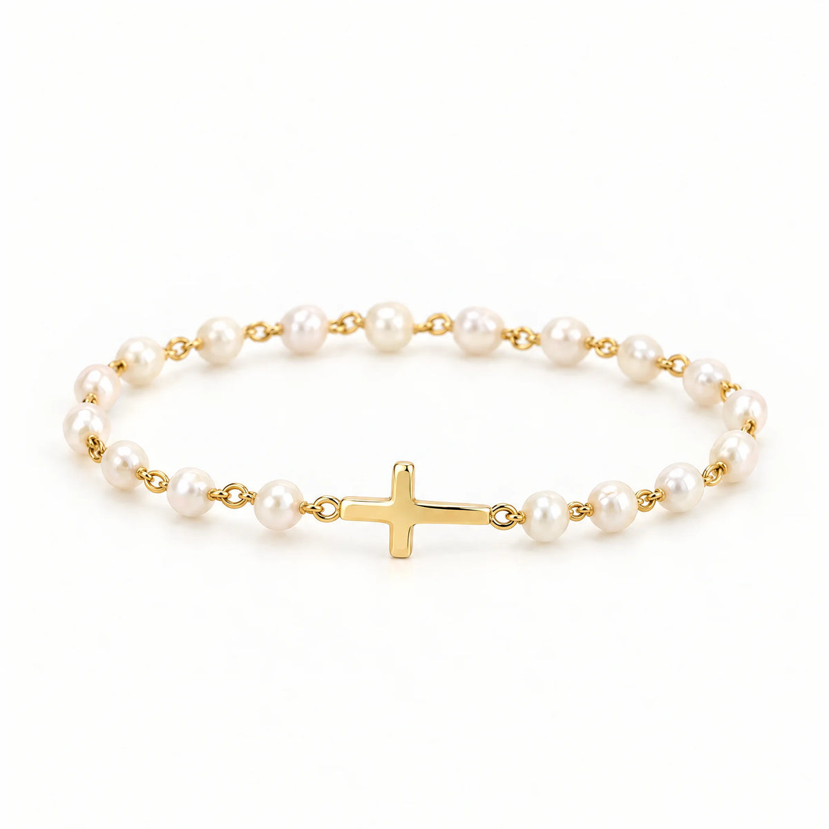 Pearl Cross Bracelet – pearl bead bracelet with a gold sideways cross