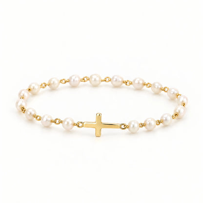 Pearl Cross Bracelet – pearl bead bracelet with a gold sideways cross