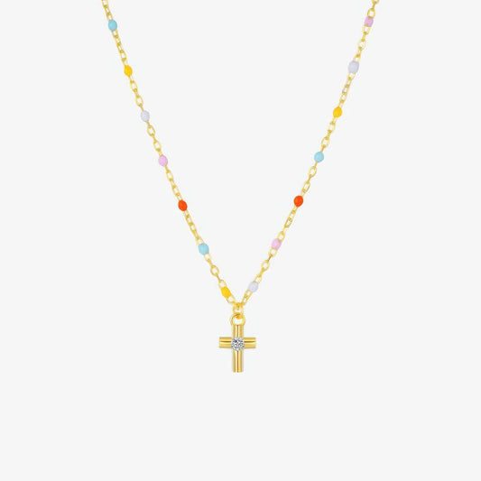 Rainbow Bead Cross Necklace – colorful joyful Christian necklace for women by Lainly™