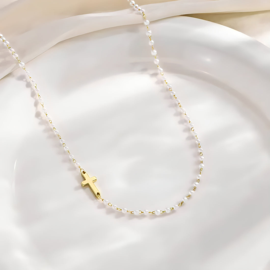 Cross & Pearls Necklace on a pearl chain