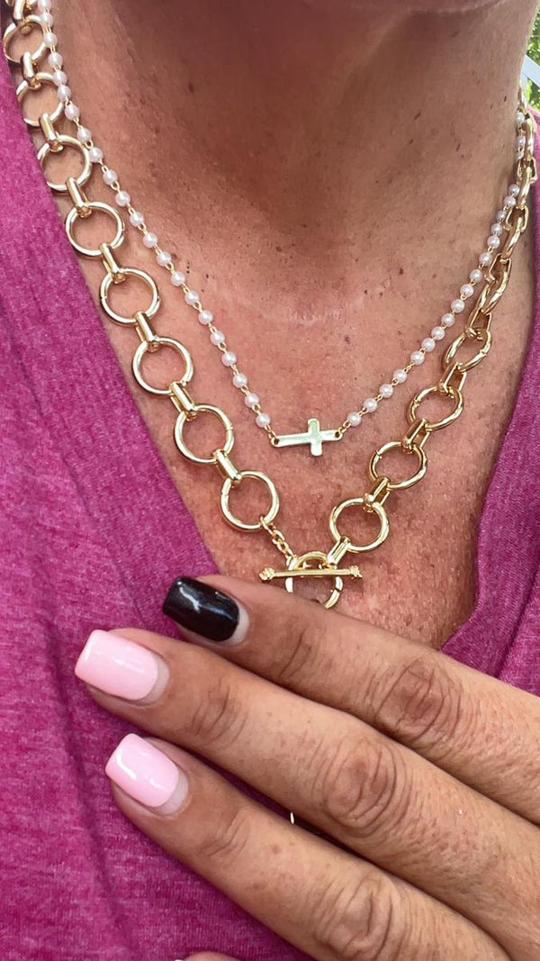 Customer wearing the Cross & Pearls Necklace