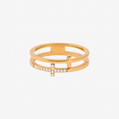 Double Cross Ring in 18k gold and silver – layered Christian cross ring for women by Lainly™