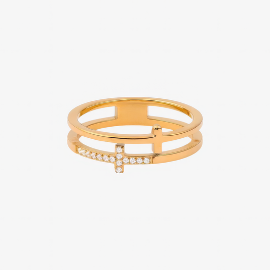 Double Cross Ring in 18k gold and silver – layered Christian cross ring for women by Lainly™