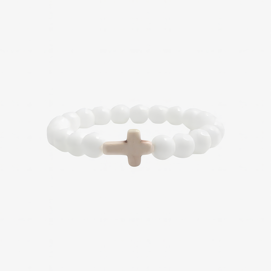 White Cross Bracelet – minimal white bead cross charm Christian bracelet by Lainly™