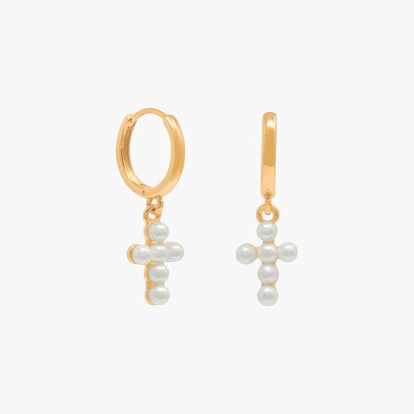 Pearl Cross Earrings – Christian pearl hoop earrings with cross charm in gold by Lainly™