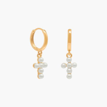 Pearl Cross Earrings – Christian pearl hoop earrings with cross charm in gold by Lainly™