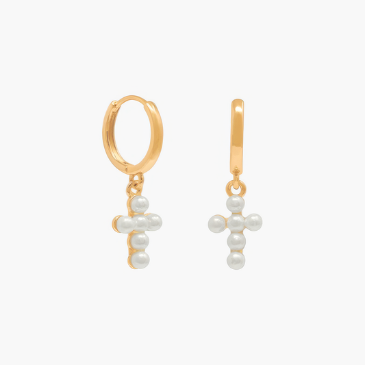 Pearl Cross Earrings – Christian pearl hoop earrings with cross charm in gold by Lainly™