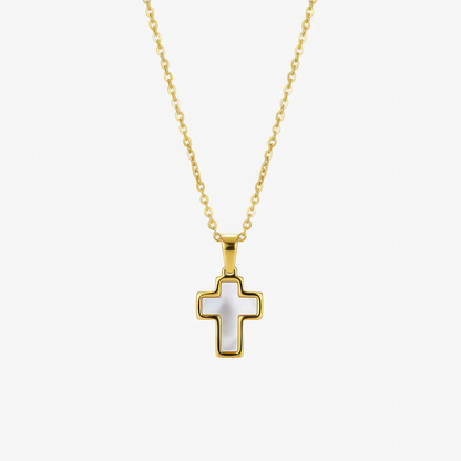 Shell Cross Necklace – coastal pearl Christian cross necklace in 18k gold and silver by Lainly™