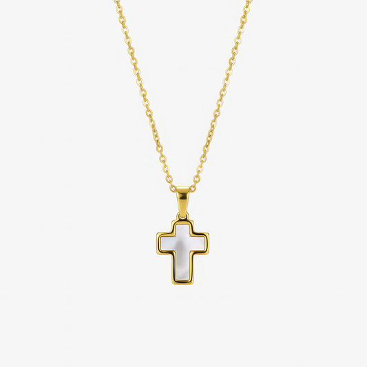 Shell Cross Necklace – coastal pearl Christian cross necklace in 18k gold and silver by Lainly™