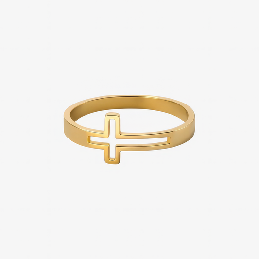 Hollow Cross Ring in 18k gold and silver – open cutout minimalist Christian ring by Lainly™