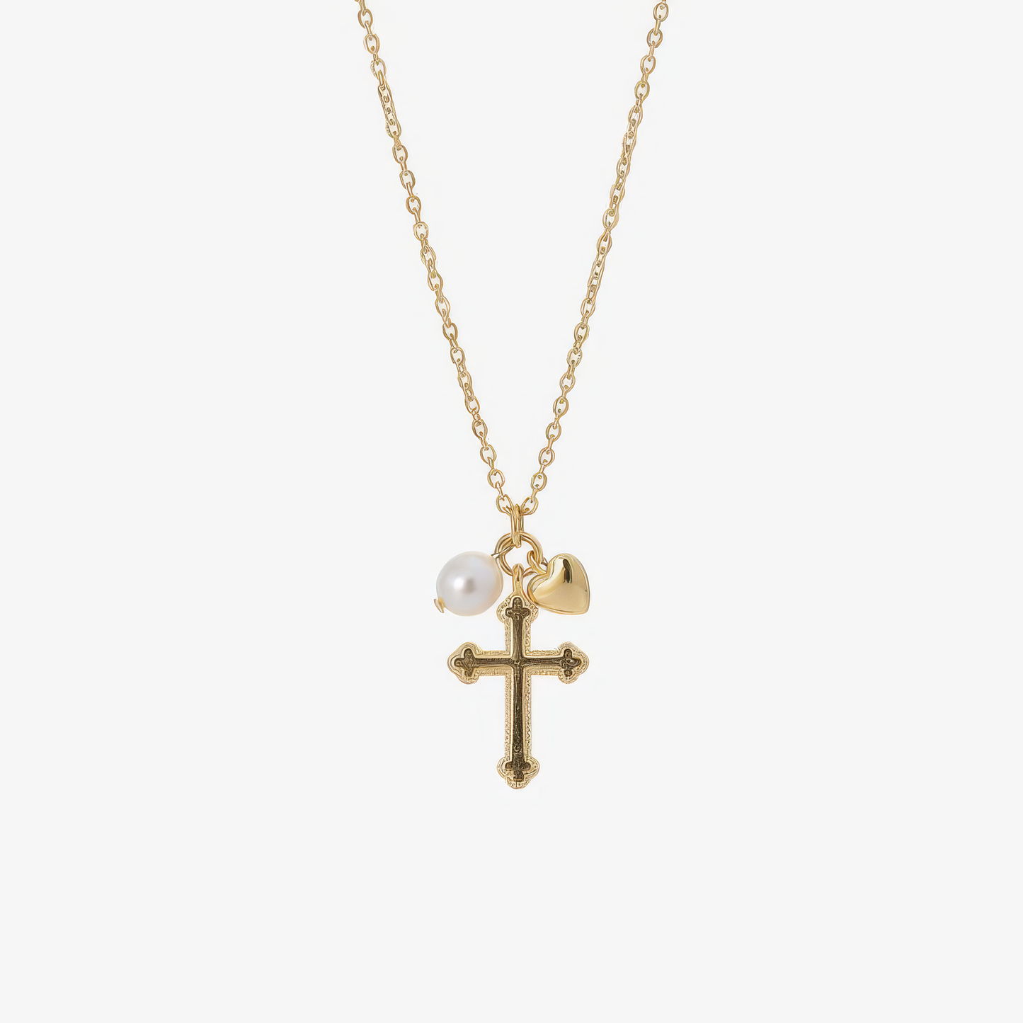 Triple Charm Cross Necklace – cross, heart and pearl charm Christian necklace by Lainly™