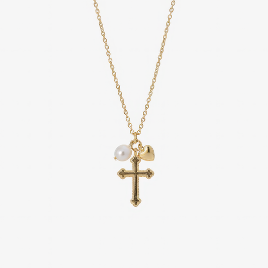 Triple Charm Cross Necklace – cross, heart and pearl charm Christian necklace by Lainly™