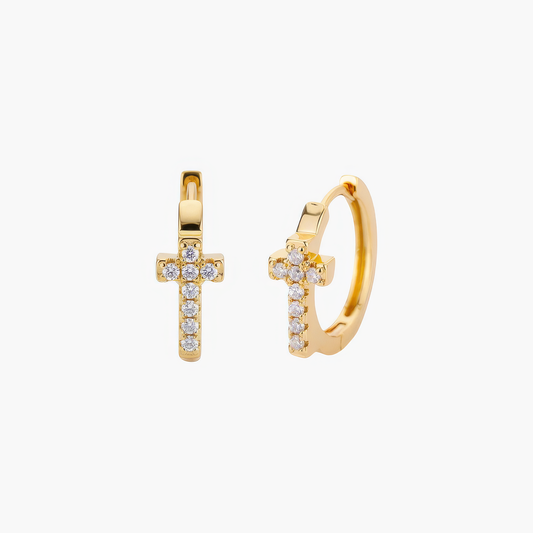 Blessed Earrings – crystal cross hoop earrings in 18k gold and silver – Christian faith earrings by Lainly™