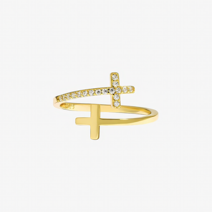 Wrapped Cross Ring – stackable pavé cross Christian ring in 18k gold and silver by Lainly™