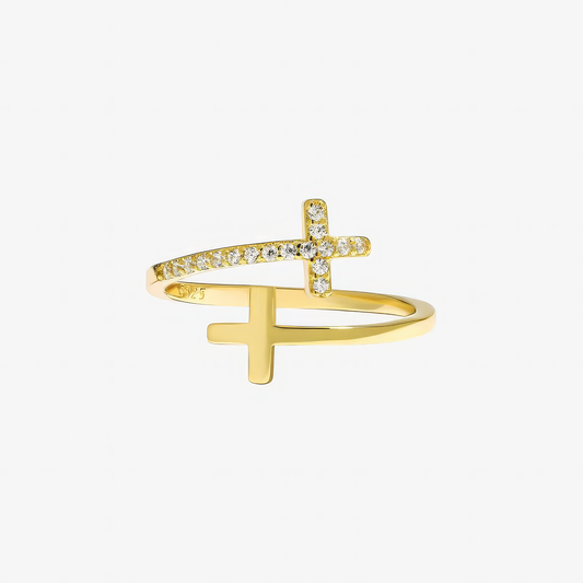 Wrapped Cross Ring – stackable pavé cross Christian ring in 18k gold and silver by Lainly™