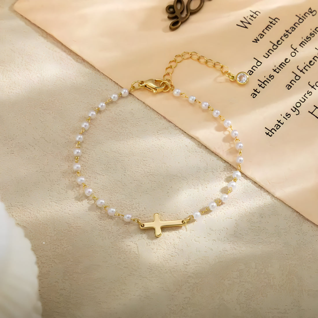 Cross & Pearls Bracelet on the wrist